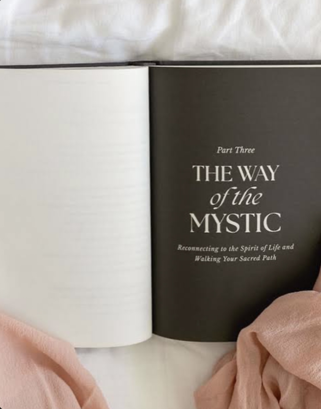 An open book resting on white linen, its dark title page reading “The Way of the Mystic”