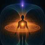A luminous silhouette of a human figure surrounded by flowing fields of energy