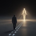 A man walking along a trail of glowing footprints towards a luminous human figure