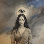 A woman with closed eyes beneath a luminous eye set against a starry sky
