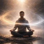 A man meditating on a rock beside a misty lake, surrounded by streams of light