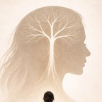 The silhouette of a woman’s head containing a luminous tree, with a seated figure below