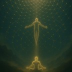 Two luminous figures, one seated and one floating, joined by a stream of light beneath a golden geometric sky