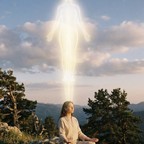 A woman meditating on a mountain ridge beneath a luminous figure of light