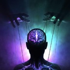 A silhouetted figure whose head and heart glow, controlled by two hands holding strings